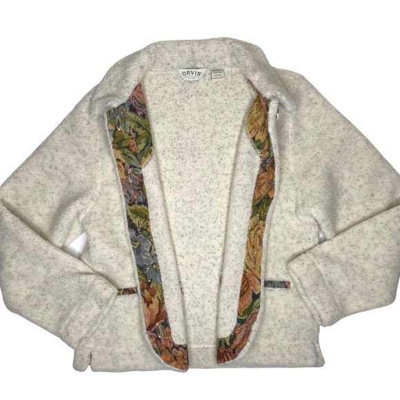 Orvis Women's Ivory Sherpa Button Front Jacket With Brocade Details Sz Sm - Picture 2 of 10